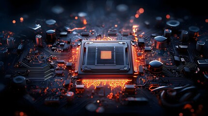 Detailed close up view of a complex circuit board illuminated by glowing microchips and electronic components representing the advanced technology and engineering behind modern computing devices