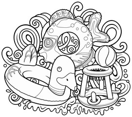 Cartoon cute doodles hand drawn summer beach children's entertainment line art illustration. Many toys objects vector background. 