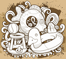 Cartoon cute doodles hand drawn summer beach children's entertainment line art illustration. Many toys objects vector background. 