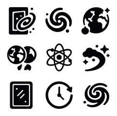 Fantastical Universe Icons. Solid, filled icons set of fantastical parallel universe concepts: multiverse