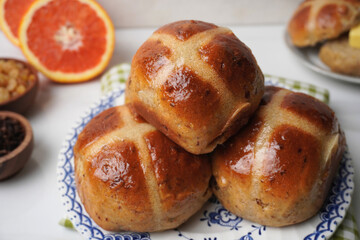 Close Up of Zesty Homemade Hot Cross Buns