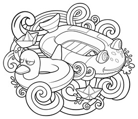 Cartoon cute doodles hand drawn summer beach children's entertainment line art illustration. Many toys objects vector background. 