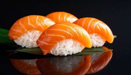 Close-up of fresh salmon sushi against dark background. Vivid color and texture detail—perfect for Japanese cuisine menus, food blogs, or restaurant promos.
