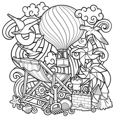 Cartoon cute doodles hand drawn summer beach children's entertainment illustration. Many toys objects vector background. Funny outdoor games artwork.