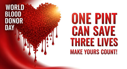  A powerful graphic for World Blood Donor Day featuring a heart made of blood droplets, emphasizing that one pint of blood can save three lives.