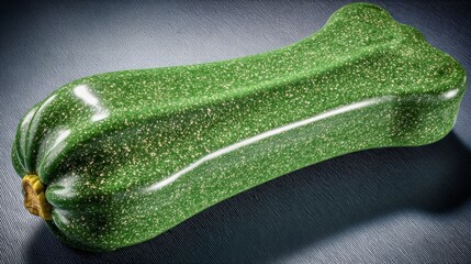 Green zucchini vegetable with a glossy surface, showcasing its unique shape and texture, placed on a textured dark background, emphasizing freshness and culinary potential