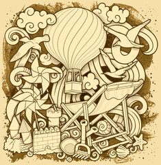 Cartoon cute doodles hand drawn summer beach children's entertainment illustration. Many toys objects vector background. Funny outdoor games artwork.