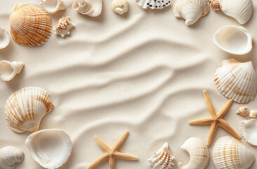 Flat lay background of light beige sand with scattered seashells and starfish. High-resolution image ideal for summer beach-themed designs, offering a natural coastal texture and feel