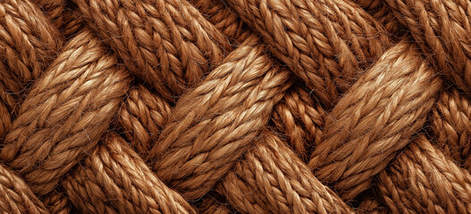 Coarse brown jute fabric background featuring a detailed woven texture of natural fibers. Perfect for adding a rustic, organic feel to crafts, design projects, or earthy visual themes