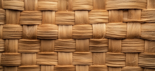 Beige-brown woven fabric background with a natural  pattern. Flat lay view of jute cloth texture, ideal as a wall banner or template with space for custom design