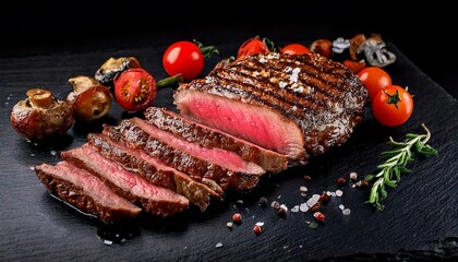 Juicy Grilled Steak Slices with Roasted Cherry Tomatoes and Mushrooms