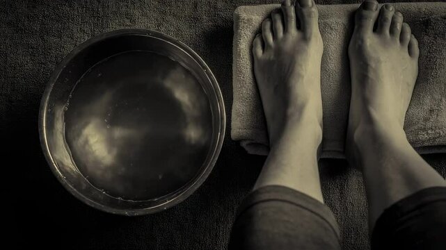 A simple yet powerful image of a bowl of water, a towel, and a pair of feet, epitomizing the essence of the foot washing ceremony as an act of love and servitude.