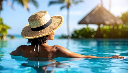 Woman relaxing poolside with tropical resort.
