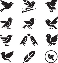 Minimalist Bird Icons – Modern Vector Set of 10 Black Birds – Geometric, Origami, Love Birds, Feather, and Abstract Designs