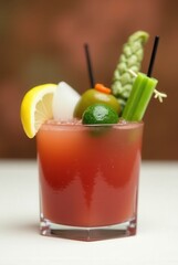 Bloody Mary Cocktail: a classic Bloody Mary cocktail with a flavorful mix of tomato juice, vodka, and savory garnishes, photographed to evoke refreshment and culinary artistry.