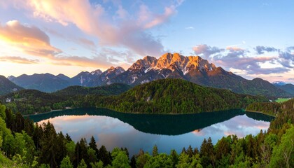 A serene mountain landscape at sunset with a reflective lake surrounded by lush green forests.