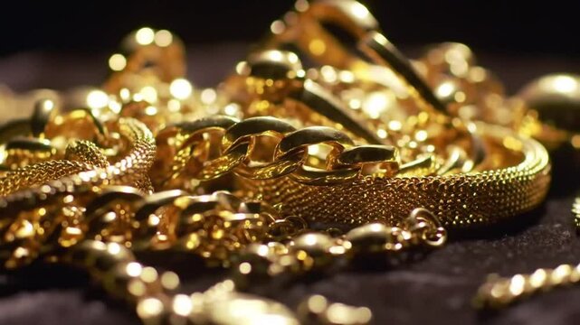 Close up of a pile of shiny gold chains and bracelets on a dark surface with bokeh background