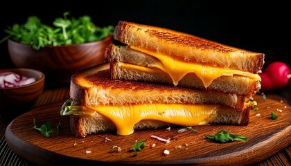 Delicious Melted Cheese Grilled Sandwich on Wooden Board
