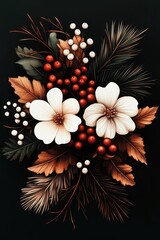 Elegant seamless pattern with pink and white flowers, ripe berries, contrasting against the black background