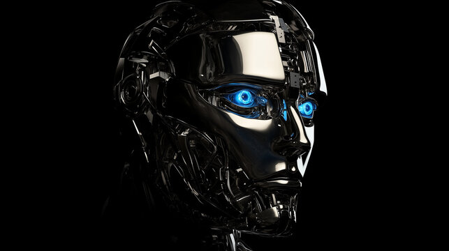 A woman's face is shown in a black background with blue eyes. The face is made of metal and has a robotic appearance. Concept of futuristic technology and a futuristic, mechanical look