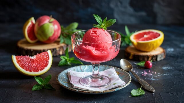 Sorbet past&egrave;que dans une tasse en verre. Le bol se dresse sur une table en pierre noire entour&eacute;e de fruits frais.