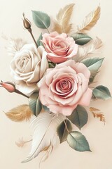 Bouquet of white and pink roses on a neutral watercolor background in muted beige and light brown hues	