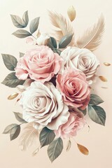 Bouquet of white and pink roses on a neutral watercolor background in muted beige and light brown hues	