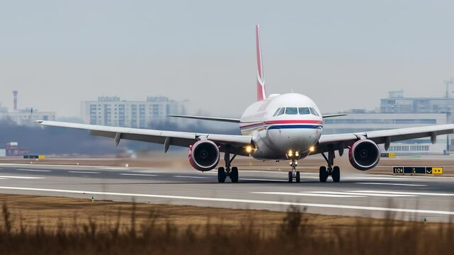 Airplane Landing on Runway at City Airport