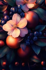Beautiful blend of ripe berries and vibrant roses in a dark, perfectly lit palette