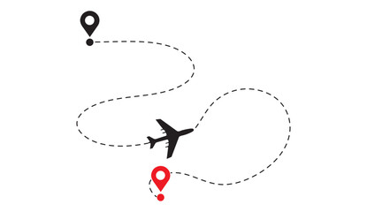 Airplane Travel Path with Red and Black Destination Map Pins