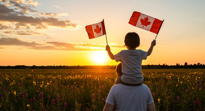  Adorable Caucasian Boy on Father's Shoulders Holding Canadian Flags at Sunset