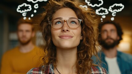 Business innovation Brainstorming session with bubbles above a rotating team, visualizing creativity and collaboration.