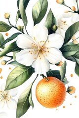 Watercolor Antique-style Orange blossom and oranges with green leaves on white background