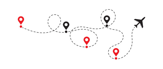Airplane Travel Path with Red and Black Destination Map Pins