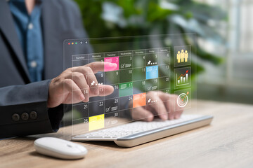 Agenda Business Planning calendar work schedule concept, Businessman marking key topics of work,...