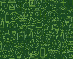 Seamless sustainability pattern with eco-friendly icons such as solar panel, recycling, electric car, and green energy in linear style. Ideal for backgrounds, packaging, and print.
