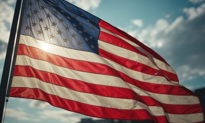 Waving flag national symbol patriotism fabric texture red blue stripes outdoors sunlight