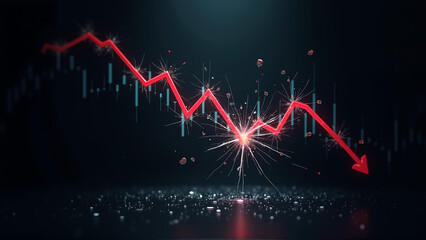 Dynamic financial graph showing declining trend, vibrant red lines fluctuating on dark background, perfect for finance themes.