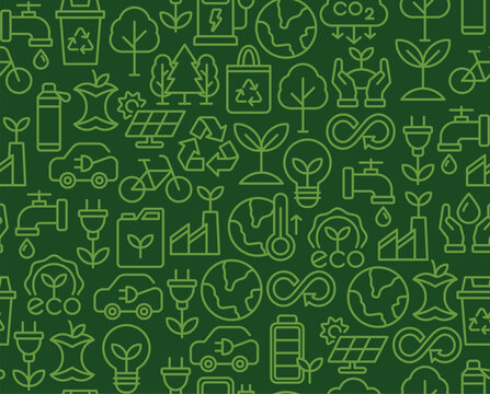 Seamless sustainability pattern with eco-friendly icons such as solar panel, recycling, electric car, and green energy in linear style. Ideal for backgrounds, packaging, and print.
 - Powered by Adobe