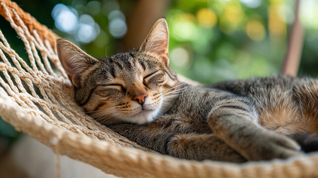 A sun‑lit tabby cat curls in a rope hammock, soft purrs drifting on a warm summer breeze as she naps in peaceful, lazy bliss.