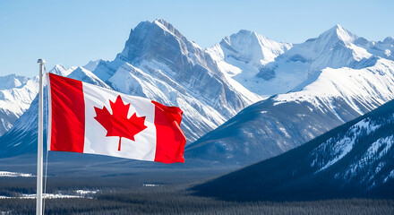 Canadian Flag Waving Over Majestic Snow-Capped Mountain Landscape