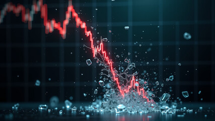 Declining stock market graph, sharp red line indicating drop in value, financial loss theme with space for analysis text.