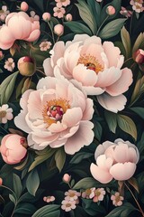 Elegant seamless pattern with pink and white peonies, contrasting against the black background