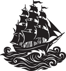 Black Silhouette of a Sailing Ship on Rough Seas