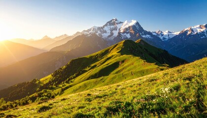Sunrise illuminates green rolling hills with wildflowers, set against towering snow-capped mountains under a clear blue sky.