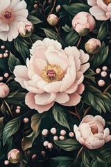 Elegant seamless pattern with pink and white peonies, contrasting against the black background