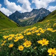 Fototapeta premium Mountain yellow flowers. Mountain flowers. Mountain meadow flowers. Meadow with yellow flowers in mountains