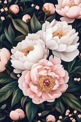 Elegant seamless pattern with pink and white peonies, contrasting against the black background