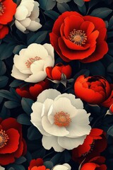 Elegant seamless pattern with red roses and peonies, vibrant colors contrasting against the black background