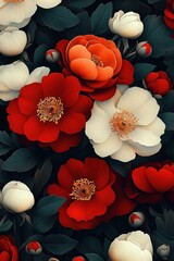 Elegant seamless pattern with red roses and peonies, vibrant colors contrasting against the black background
